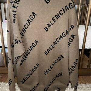 Balenciaga Beige Crewneck Sweater with Black Logo Pattern
